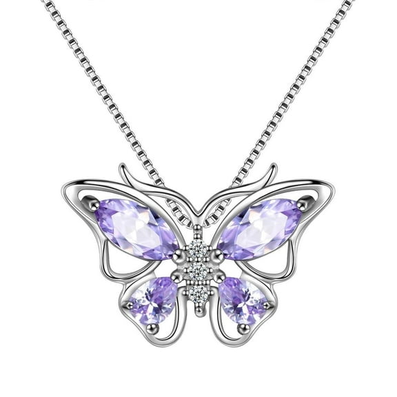 Juwaliy June Birthstone Necklace Alexandrite Purple Butterfly 925 Sterling Silver Pendant Jewelry Valentines Mothers Day Gifts for Women Wife Grandma