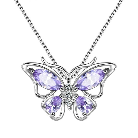 Juwaliy June Birthstone Necklace Alexandrite Purple Butterfly 925 Sterling Silver Pendant Jewelry Valentines Mothers Day Gifts for Women Wife Grandma