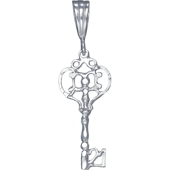 Sterling Silver Key Charm Pendant Necklace with Diamond Cut Finish and 18 Inch Rolo Chain