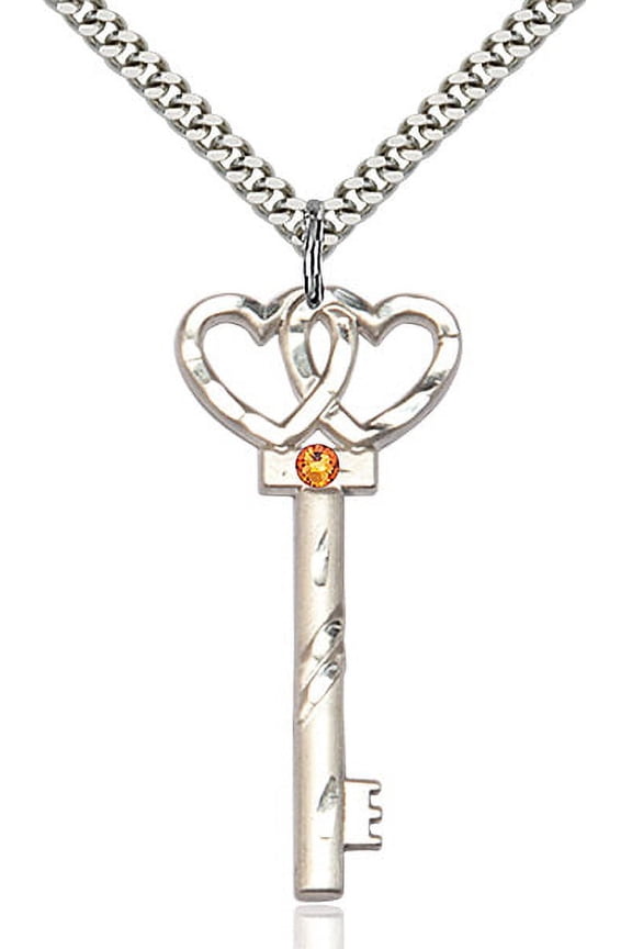 Sterling Silver Key w/Double Hearts Pendant w/ 3mm November Yellow Swarovski Crystal 1 1/2 X 5/8 inches w/ Heavy Curb Chain