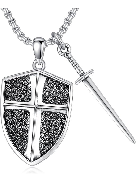 Sterling Silver Knights Templar Cross Joshua 1:9 Shield Pendant Necklace with 22+2 inch Stainless Steel Chain Men's Verse Bible Armor of God Necklace