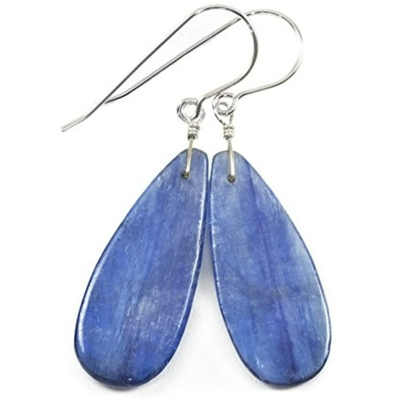 Sterling Silver Kyanite Earrings Deep Blue Rounded Long Teardrop Smooth Simple Dangles Designed for Adult Women