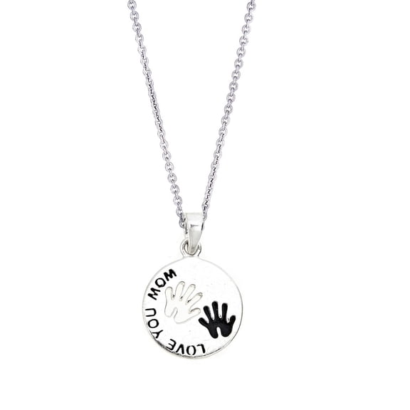 Sterling Silver "LOVE YOU MOM" Hand Palm Print Charm Pendant Necklace 15mm 18"