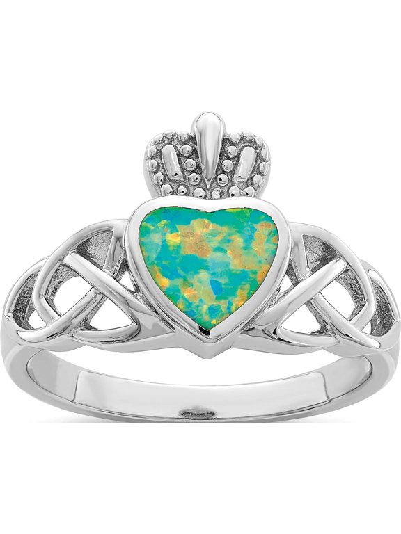 Sterling Silver Rhod-plated Lab Created Opal Celtic Knot Crown Ring