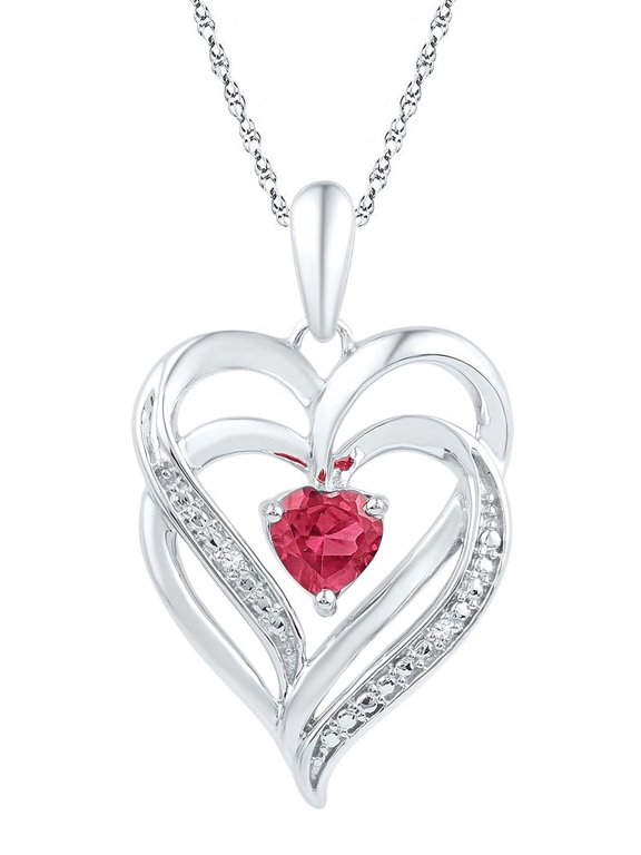 Sterling Silver Lab Created Ravishing Ruby & Diamond Lovely Sparkling Heart Necklace Pendant .01 Ctw.