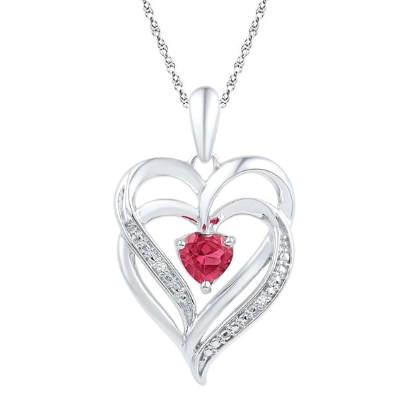 Sterling Silver Lab Created Ravishing Ruby & Diamond Lovely Sparkling Heart Necklace Pendant .01 Ctw.