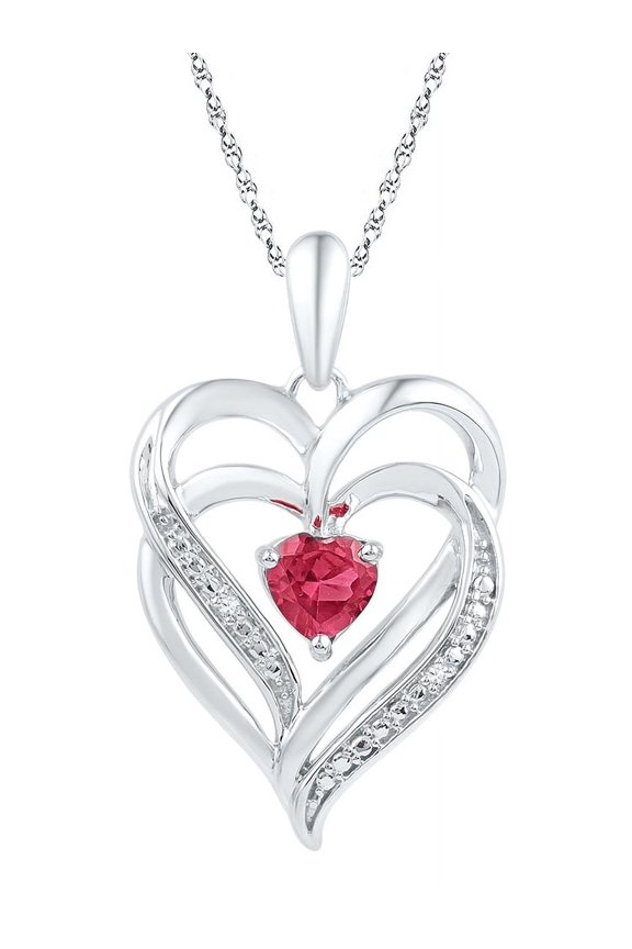 Sterling Silver Lab Created Ravishing Ruby & Diamond Lovely Sparkling Heart Necklace Pendant .01 Ctw.