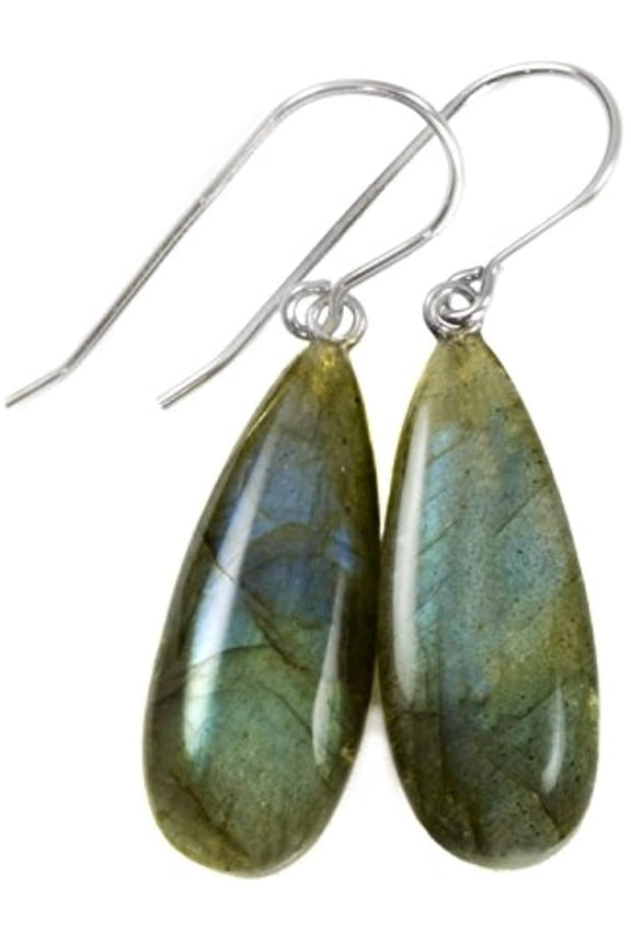 Sterling Silver Labradorite Earrings Smooth Long Large Teardrop Blue Flash Simple Dangle Drops Designed for Adult Women