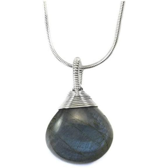 Sterling Silver Labradorite Pendant Necklace Wire Silvertone Wrapped Teardrop Natural Blue Flash, 18" Designed for Adult Women