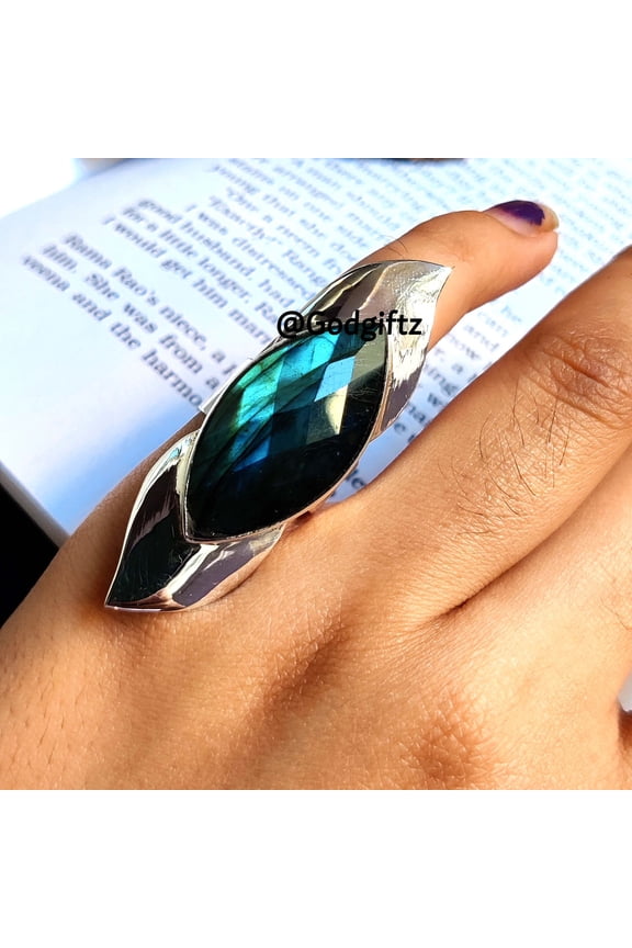 Sterling Silver Labradorite Ring: Green Gemstone, Handmade