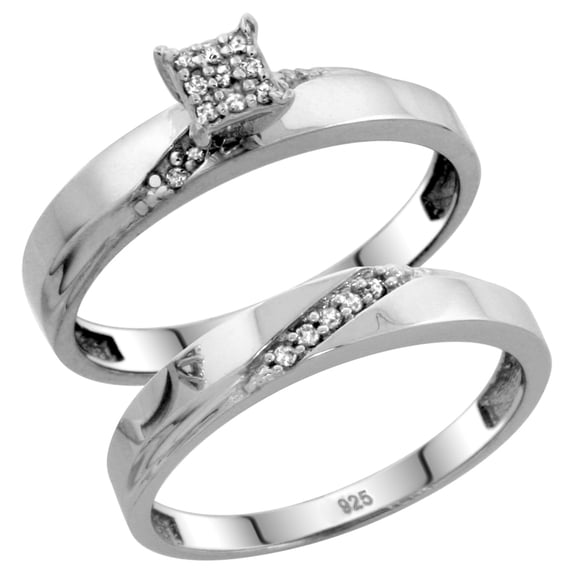 Sterling Silver Ladies’ 2-Piece Diamond Engagement Wedding Ring Set Rhodium finish, 1/8 inch wide Size 8.5