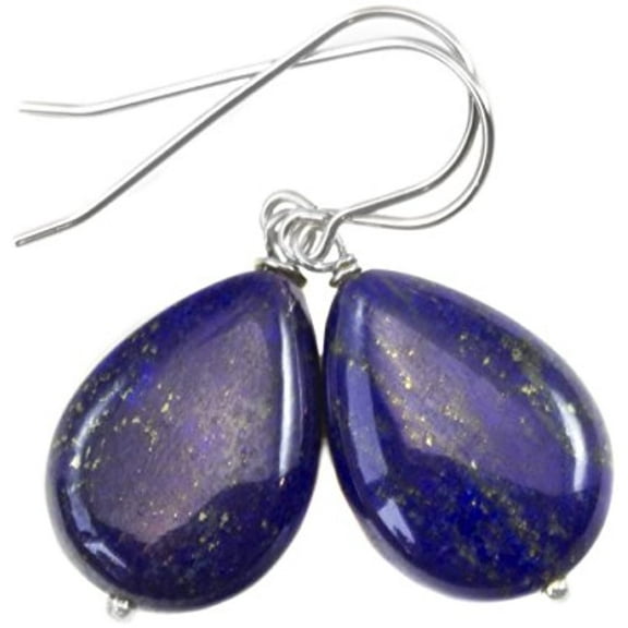 Sterling Silver Lapis Lazuli Earrings Blue Smooth Dangle Teardrops High Polished Stones Simple Drops Designed for Adult Women