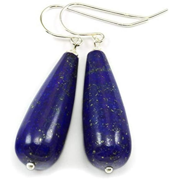 Sterling Silver Lapis Lazuli Earrings Blue Smooth Rounded Long Large Teardrops Simple Silvertone Accents Designed for Adult Women