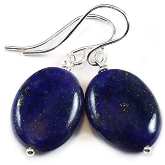 Sterling Silver Lapis Lazuli Earrings Blue Smooth Rounded Oval Simple Dangle Drops Pyrite Flecks Designed for Adult Women