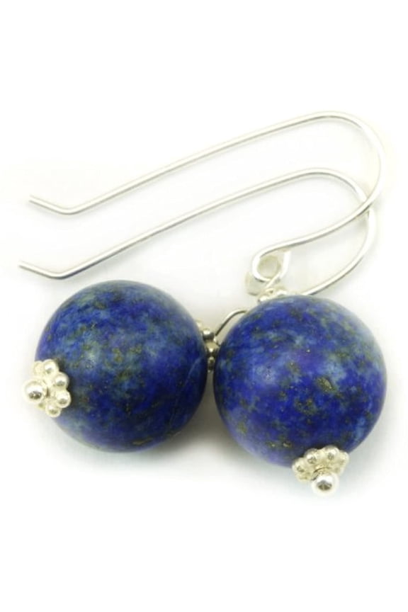 Sterling Silver Lapis Lazuli Earrings Smooth Matte Finish Denim Blue Round StonesBeaded Accents Dangle Drops Designed for Adult Women