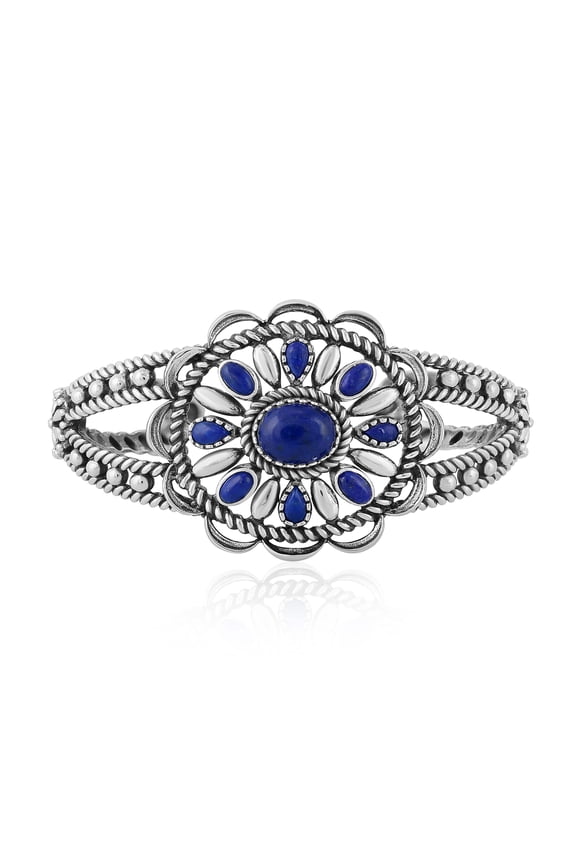 Sterling Silver Lapis Lazuli Wildflower Rope Cuff Bracelet, Sizes Small to Large