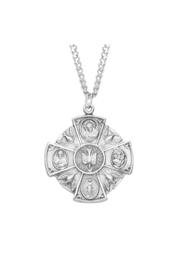 Sterling Silver Large 4-Way Medal with Holy Spirit, 24" Rhodium Plated Stainless Steel Chain, Deluxe Velvet Gift Box