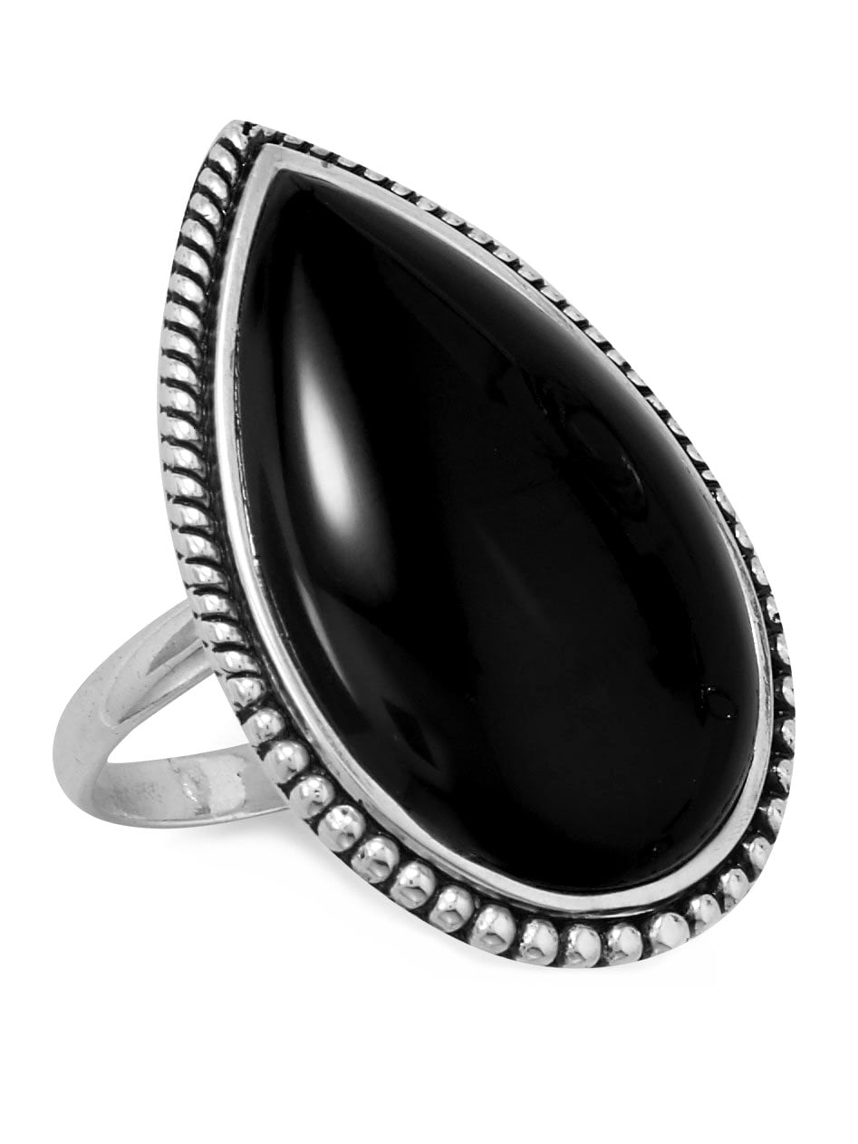 Sterling Silver Large Black Onyx Ring Beaded Edge Sterling Silver Large Black Onyx Ring Beaded Edge