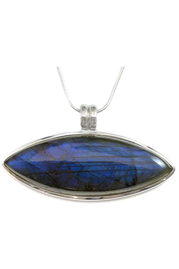 Sterling Silver Large Pendant Necklace Labradorite Blue Flash Bezel Double Point Snake Chain, 20" Designed for Adult Women