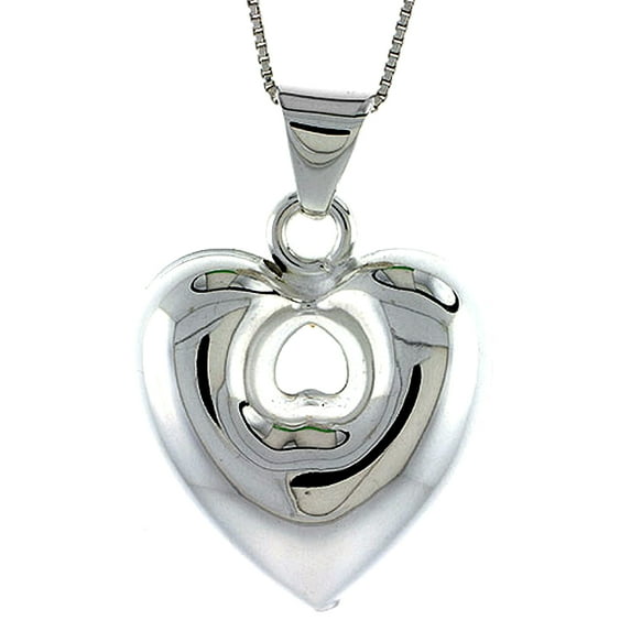 Sterling Silver Large Puffed Heart w/ Cut Out Pendant Hollow Italy 1 1/16 inch (28 mm) Tall