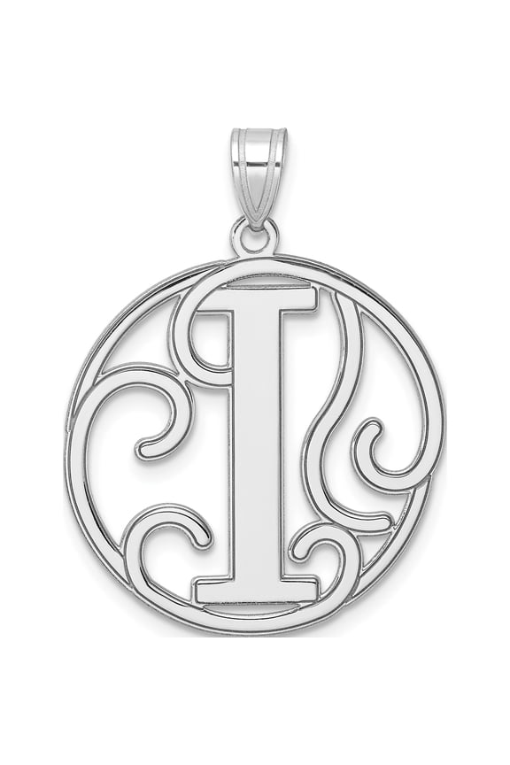 Large Sterling Silver Rhodium-plated Fancy Script Letter I Initial Pendant