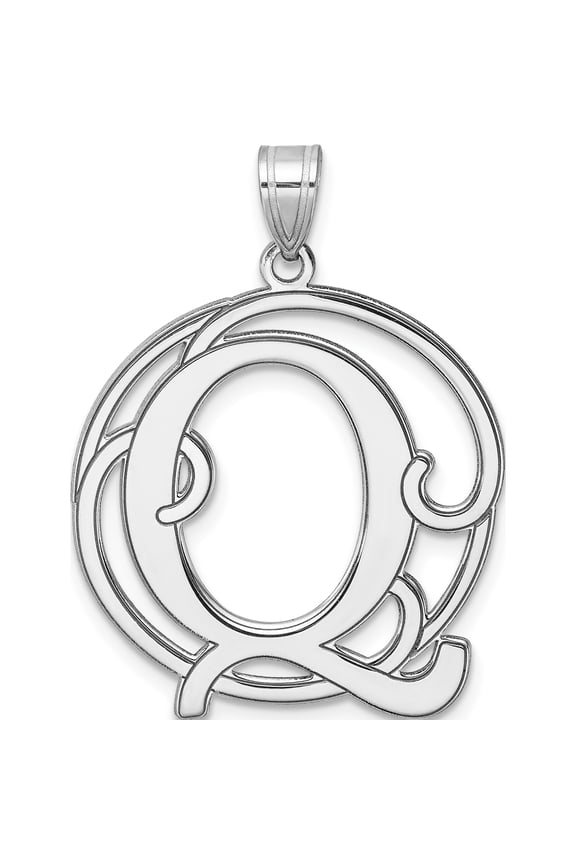 Large Sterling Silver Rhodium-plated Fancy Script Letter Q Initial Pendant