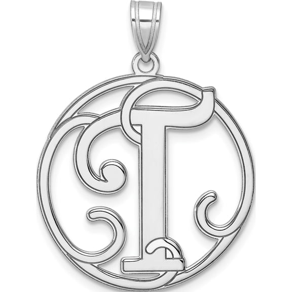 Sterling Silver Large Rhodium-Plated Fancy Script Letter T Initial Pendant (Width 25.55) (Length 34.61) - Jbsp