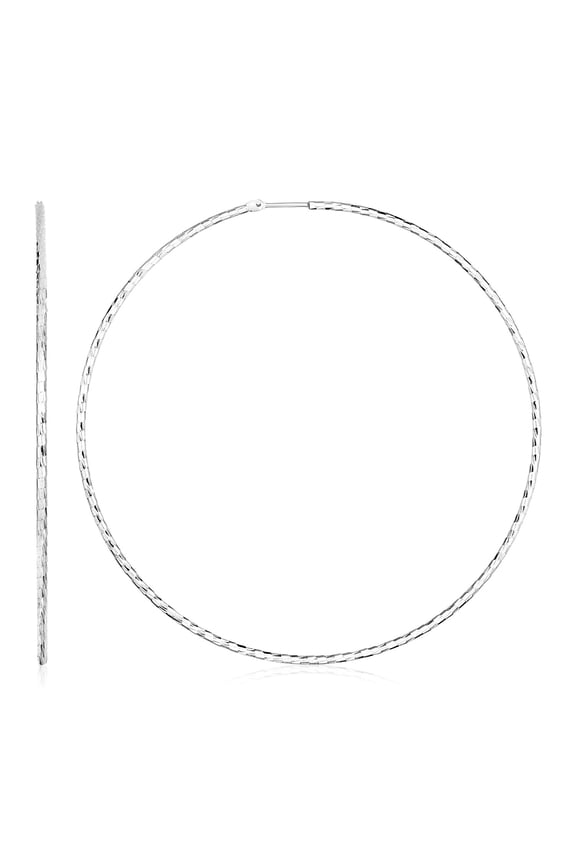 Sterling Silver Large Textured Round Hoop Earrings