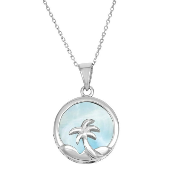 Sterling Silver Larimar Necklace Natural Gemstone Circle Pendant Necklace Star Fish Wave or Palm Tree with 18" Silver Chain Dainty Necklace for Women