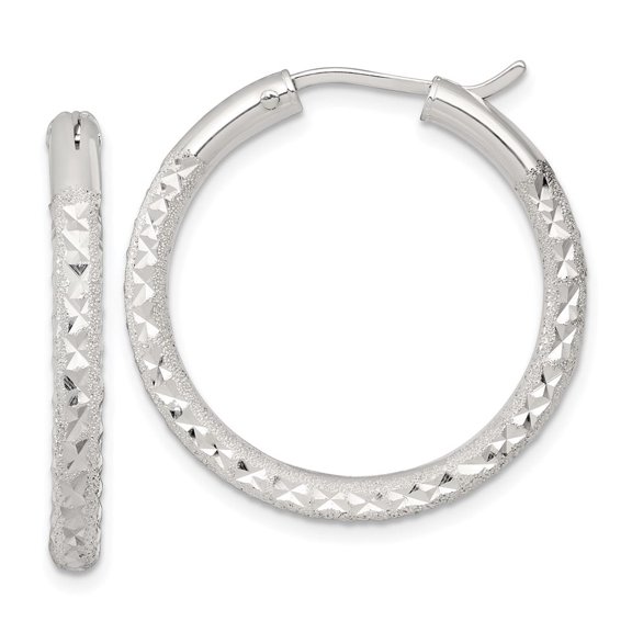 Sterling Silver Laser and Diamond-cut 30x3.25mm Hidden Catch Round Hoop Earrings