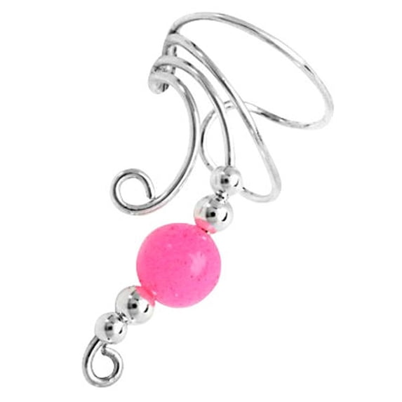 Sterling Silver Left Only Pink Stone Round Bead Wave Ear Cuff Wrap