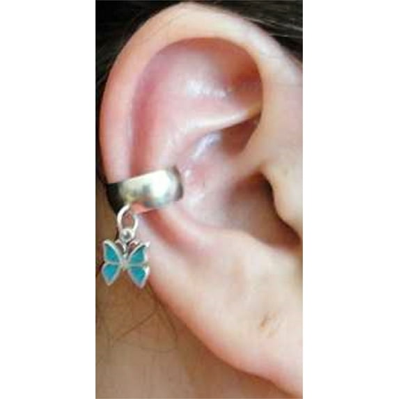 Sterling Silver Left Or Right Dangling Blue Turquoise Chips Butterfly Charmed Ear Cuff