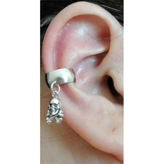 Sterling Silver Left Or Right Dangling Pirate Skull And Crossbones Charmed Ear Cuff
