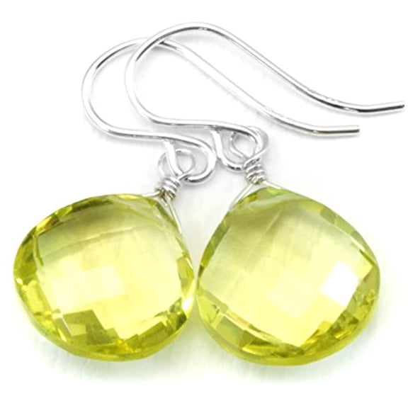 Sterling Silver Lemon Yellow Quartz Earrings Faceted Heart Shaped Simple Dainty Drops Briolettes Designed for Adult Women