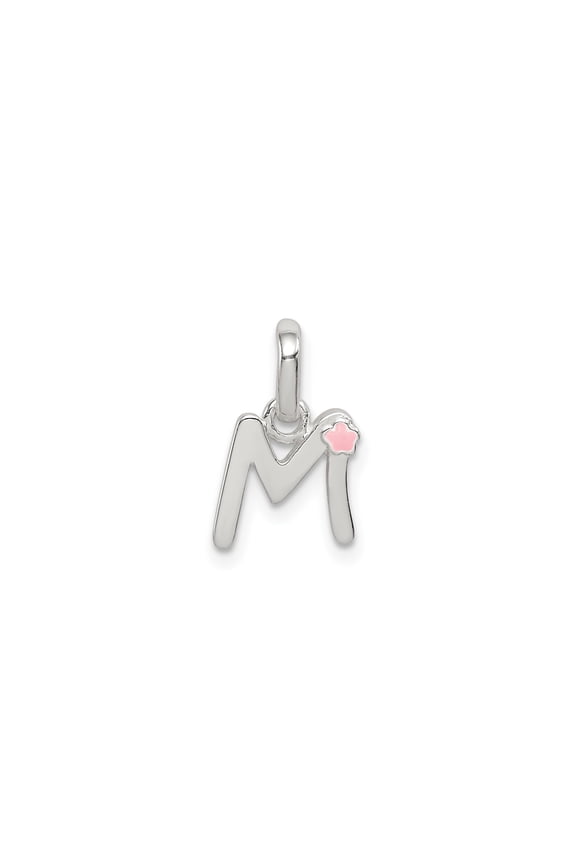 Sterling Silver Letter M Pendant with Pink Enamel Flower, Script Initial Charm for Women, Personalized Alphabet Jewelry for Necklace or Bracelet, Feminine Monogram Style