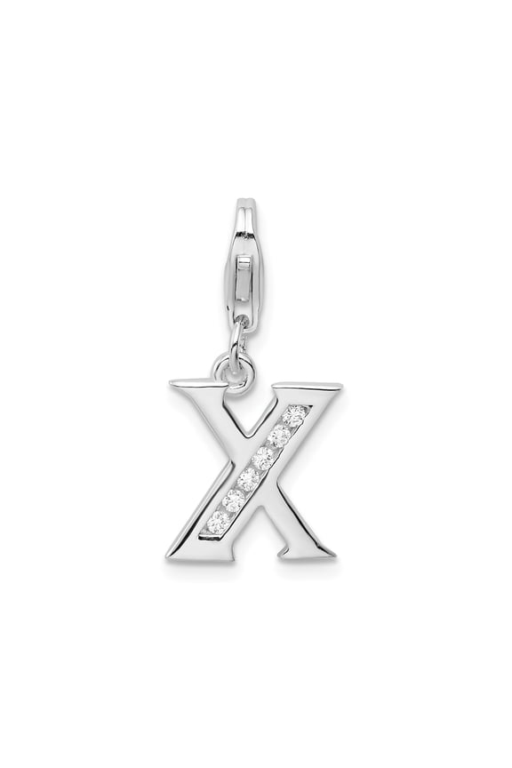Sterling Silver Letter X Pendant Charm with Cubic Zirconia, High-Polish Alphabet Jewelry for Women or Unisex, Initial Necklace or Bracelet Accessory with Lobster Clasp