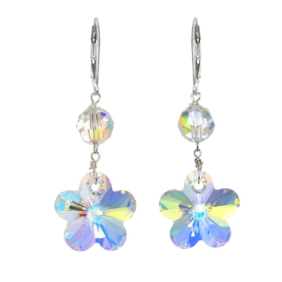 LTC Designs Sterling Silver Lever-Back Earrings with Flower-Shaped Austrian Aurora Borealis Beads for Adults