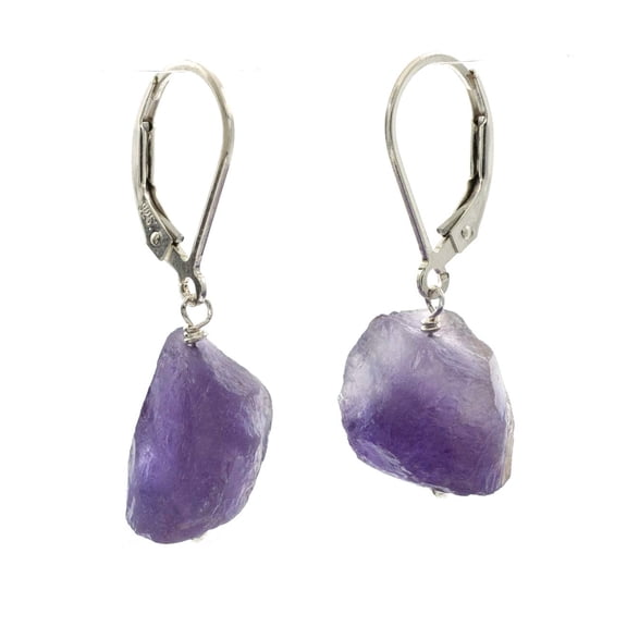 Sterling Silver Lever- back Ear Wire and Raw Amethyst Drop Earrings
