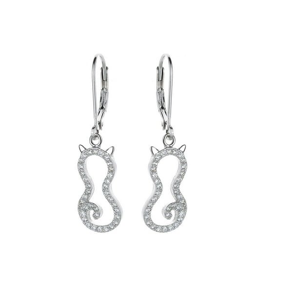 Amy and Annette 14K White Gold Plated Leverback Cat Earring with crystals