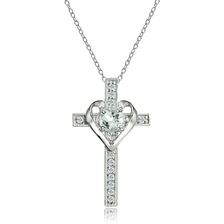 Sterling Silver Light Aquamarine and White Topaz Heart Cross Birthstone Pendant Necklace