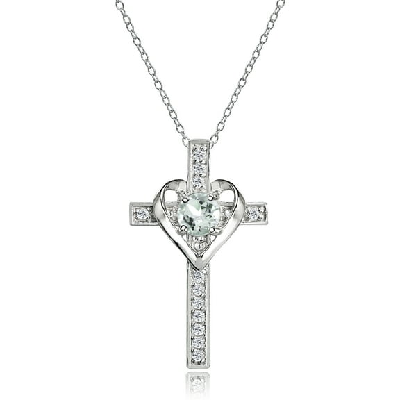 Sterling Silver Light Aquamarine and White Topaz Heart Cross Birthstone Pendant Necklace