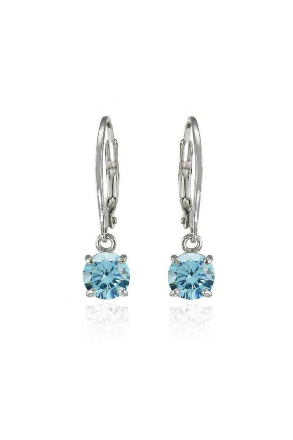 Sterling Silver Light Blue 6mm Round Dangle Leverback Earrings Made with Swarovski Crystals