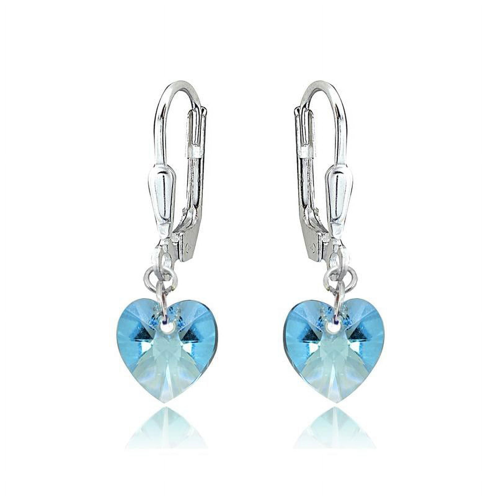 Sterling Silver Light Blue Dainty Heart Dangle Leverback Earrings Made with Swarovski Crystals