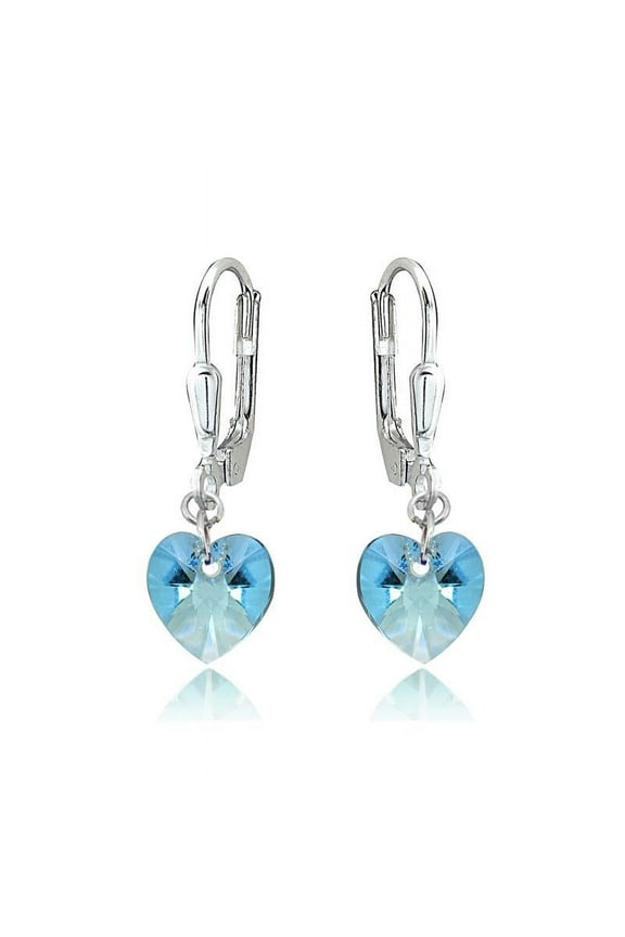 Sterling Silver Light Blue Dainty Heart Dangle Leverback Earrings Made with Swarovski Crystals