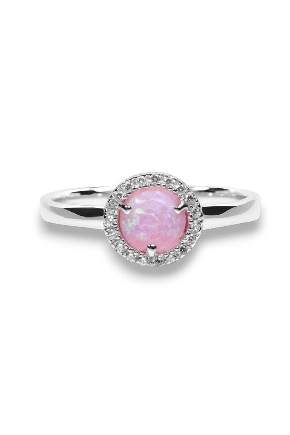 Sterling Silver Light Pink Opal and CZ Halo Ring (Size 5)