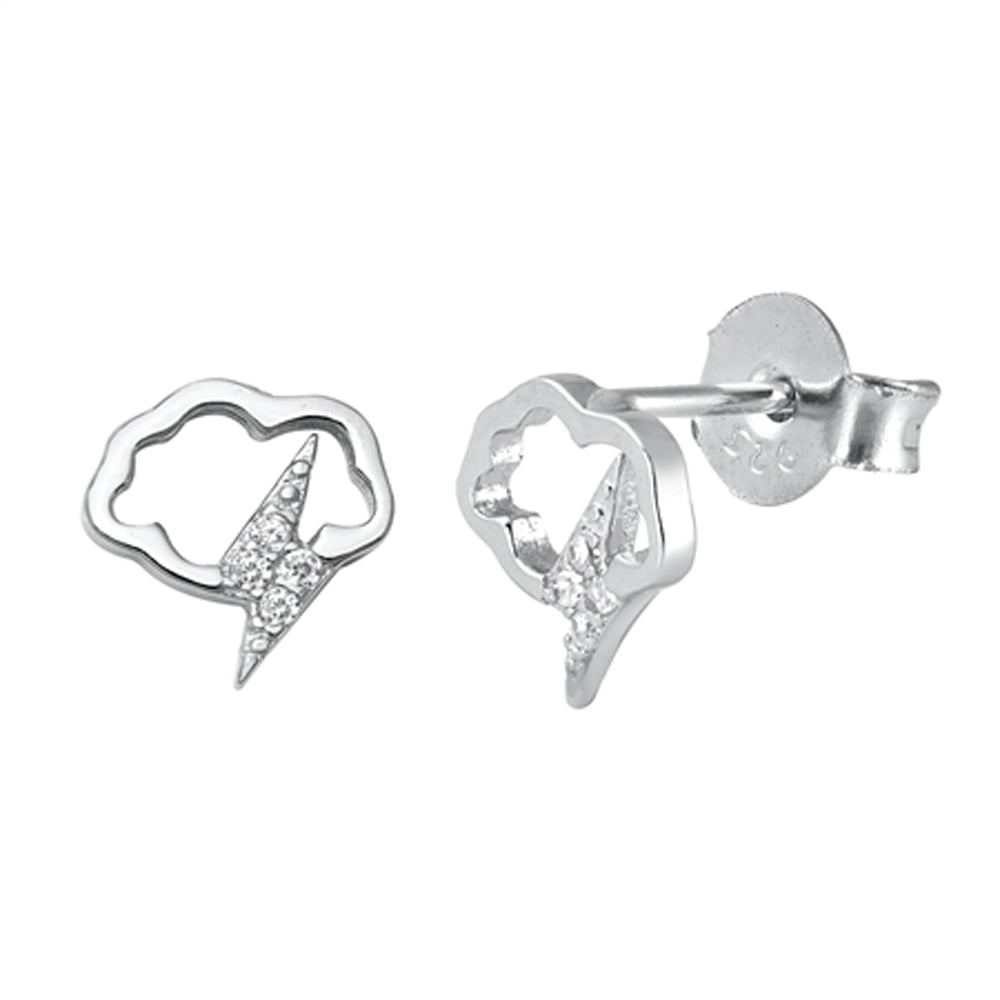 Sterling Silver Lighting Bolt Storm Cloud Outline Modern Earrings Clear CZ 925 Jewelry Female