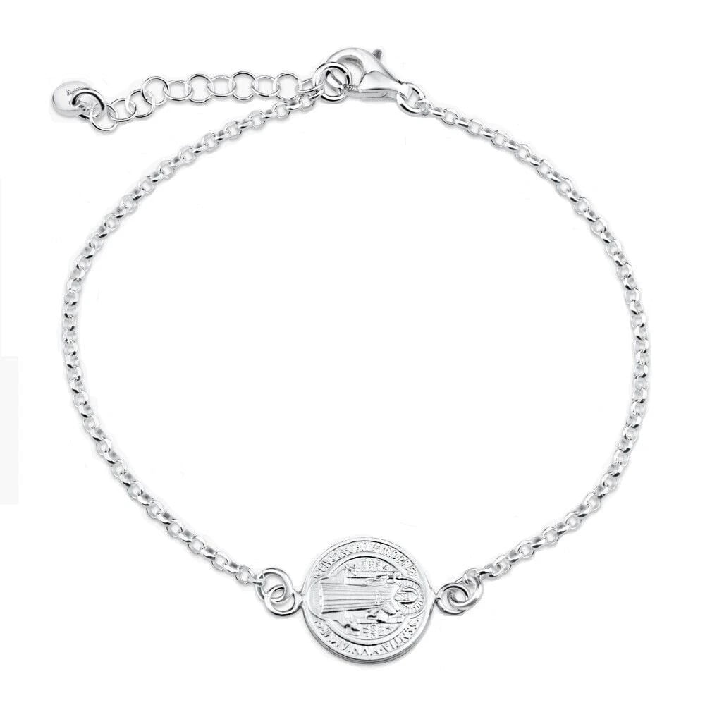 Sterling Silver Link Chain Bracelet w/ Saint Benedict Double Sided Charm