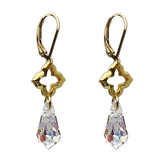 Sterling Silver Link Clover Gold-Filled Leverback Earrings Aurora Borealis Crystal Teardrop