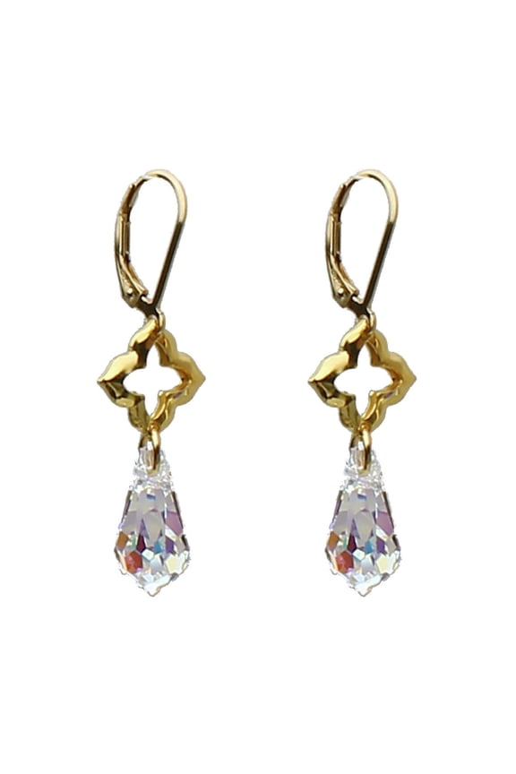 Sterling Silver Link Clover Gold-Filled Leverback Earrings Aurora Borealis Crystal Teardrop