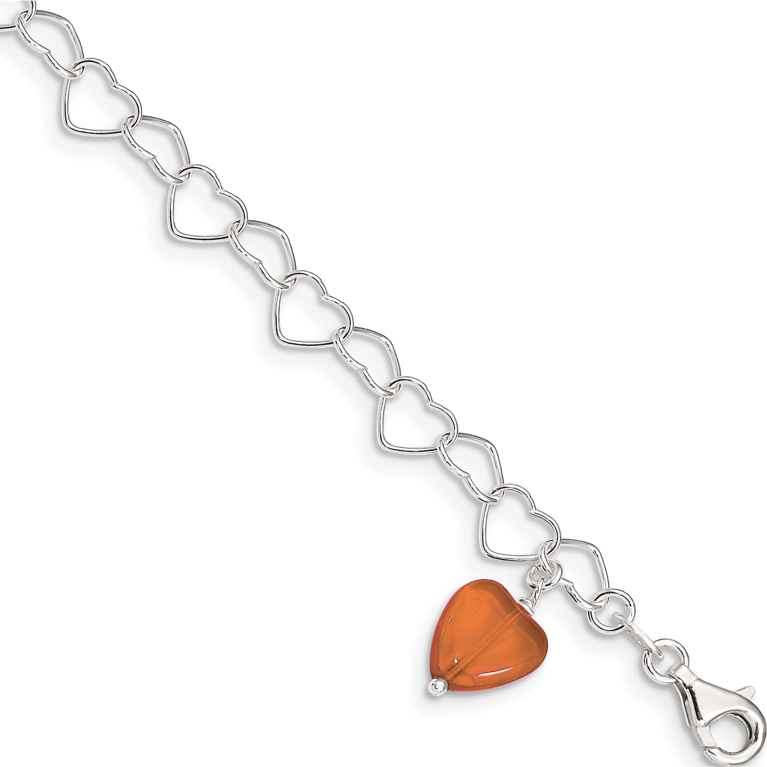 Sterling Silver Link Orange Synthetic Crystal Stone Heart Anklet Made In India qg1347-10